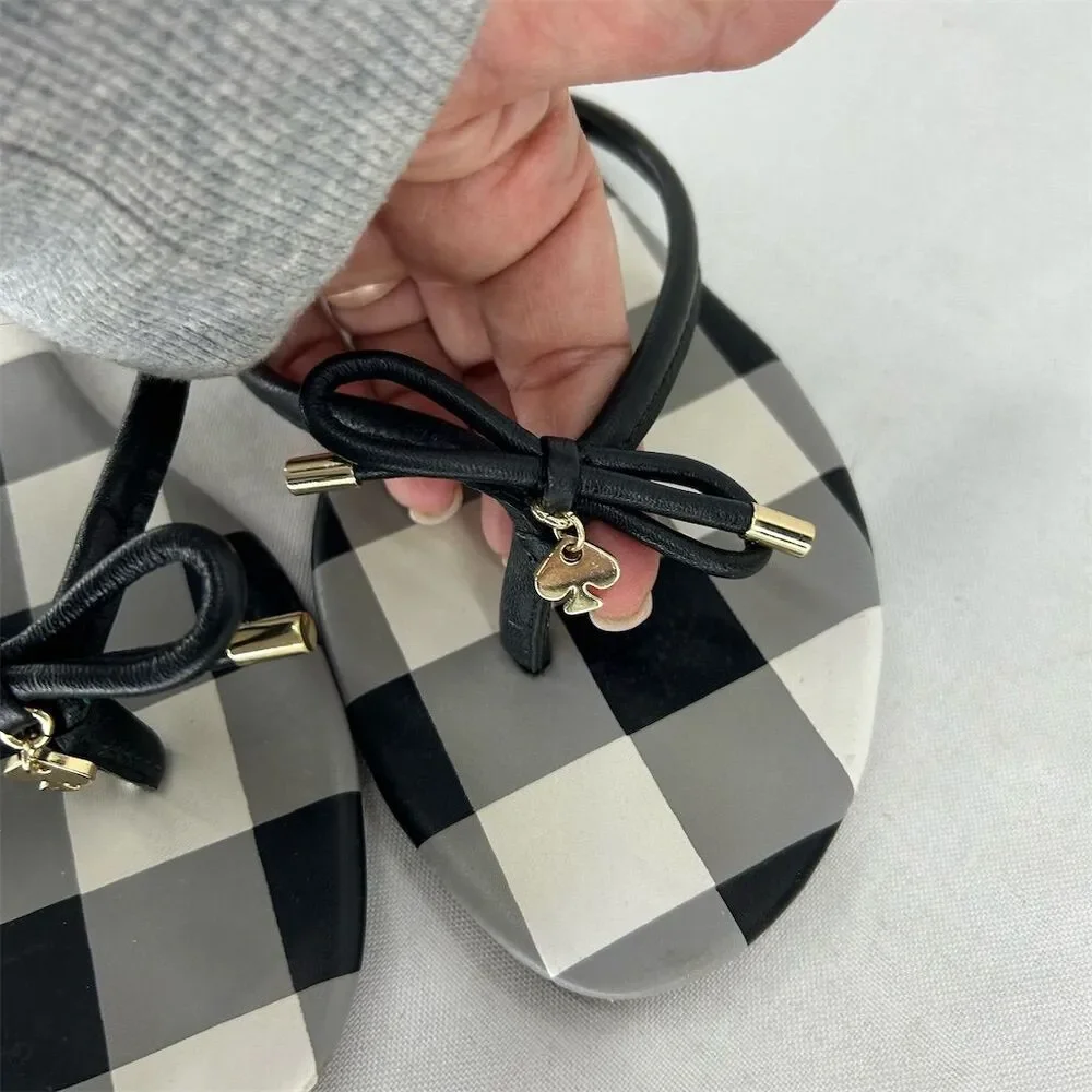 Kate Spade NY Black Gingham Check Bow Strappy Sandals Leather Women's 8.5 - Picture 3 of 6